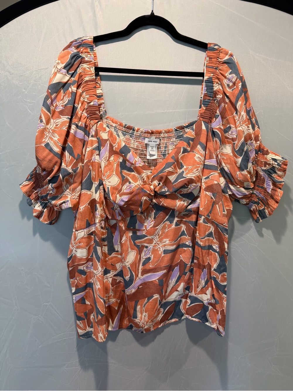 Nine West Floral Puff Sleeve Peasant Blouse 4X